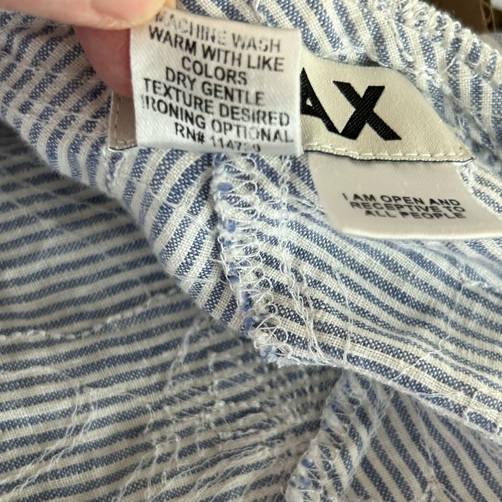 FLAX Blouse Striped Gray Blue Button-Up Linen Top Embroidered Floral Size M - Picture 9 of 9